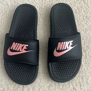 Nike Black and Pink Slides - Size 8